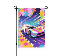 Drapeau de jardin coloré motif voiture puzzle 32 x 48 cm, drapeau de cour décoratif double face en polyester résistant aux intempéries pour pelouse, terrasse, balcon, arrière-cour, décoration