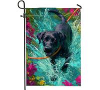 Drapeau de jardin coloré pour l'été, labrador noir éclaboussant dans l'eau, bannière de décoration d'intérieur, toile de jute double face, décoration de pelouse pour les amoureux des animaux, 30,5 x