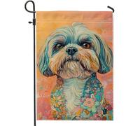 Drapeau de jardin coloré Shih Tzu pour chien, décoration florale vibrante, bannière double face pour décoration de pelouse en plein air printemps été 30,5 x 45,7 cm