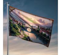 Drapeau de jardin cool romantique coucher de soleil sur un village pittoresque avec un pont en pierre, drapeau de décoration de chambre d'adolescent garçon drôle (60 x 90 cm)