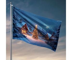 Drapeau de jardin cool Un village confortable avec un arbre de Noël lumineux dans la neige. Drapeau homme, grotte, bar, décoration de chambre de garçon, adolescent (120 x 180 cm)