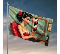 Drapeau de jardin cool Une femme dans une robe rouge tenant des ciseaux. Drapeau homme, grotte, bar, décoration de chambre de garçon, adolescent (120 x 180 cm)