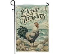 Drapeau de jardin coq, étoile de mer vintage, coquillage, été, turquoise, double face, petit drapeau de jardin pour extérieur, terrasse, pelouse, porche, balcon 30,5 x 45,7 cm