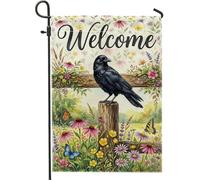 Drapeau de jardin corbeau, bienvenue nature, fleurs, papillons, printemps noir, double face, petit drapeau de jardin, cour, pour extérieur, terrasse, pelouse, porche, balcon 30,5 x 45,7 cm