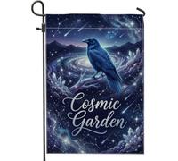 Drapeau de jardin corbeau, cristaux cosmiques mystiques galaxie bleu d'été en toile de jute double face pour extérieur, porche, pelouse, terrasse, 30,5 x 45,7 cm