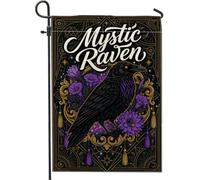 Drapeau de jardin corbeau, fleurs gothiques mystiques, étoiles, Halloween, toile de jute noire, double face, pour extérieur, porche, pelouse, terrasse, 30,5 x 45,7 cm
