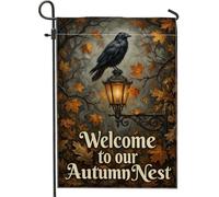 Drapeau de jardin corbeau - Lanterne rustique saisonnière - Feuilles d'automne orange - Double face - Petit drapeau de jardin pour extérieur, porche, pelouse, terrasse, 30,5 x 45,7 cm
