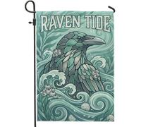 Drapeau de jardin corbeau, vagues artistiques de la nature, feuilles d'été, toile de jute bleu sarcelle, double face, petit drapeau de jardin pour extérieur, pelouse, porche, terrasse, entrée 30,5 x
