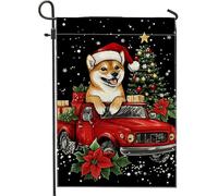 Drapeau de jardin Corgi de Noël, drapeau de décoration de vacances de camion rouge, drapeau double face en toile de jute pour la saison d'hiver, panneau extérieur festif, décoration de terrasse
