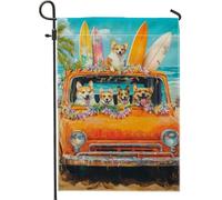 Drapeau de jardin Corgi de plage d'été, orange rétro camion planches de surf bannière de décoration extérieure, drapeau de cour amusant double face pour les amoureux des animaux, décoration 30,5 x