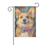 Drapeau de jardin Corgi Happily wearing avec nœud papillon beige 30 x 45 cm vertical double face ferme vacances décorations extérieures drapeau de cour