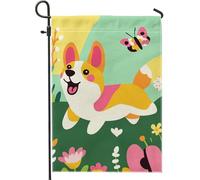 Drapeau de jardin Corgi printemps été, bannière de décoration extérieure jaune vif, bannière de décoration extérieure, drapeau de cour double face en toile de jute, décoration de pelouse, 30,5 x 45,7