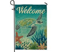 Drapeau de jardin côtier bienvenu, bannière de décoration d'intérieur tortue bleu sarcelle et corail, drapeau double face en toile de jute pour décoration de pelouse extérieure, 30,5 x 45,7 cm
