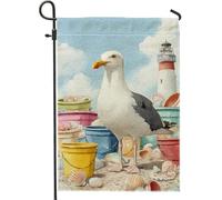 Drapeau de jardin côtier en forme de mouette côtière, seau de plage coloré, bannière de décoration d'intérieur, drapeau de cour double face en toile de jute, décoration de pelouse d'extérieur 30,5 x