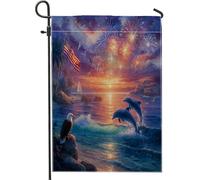Drapeau De Jardin Coucher De Soleil Patriotique Amérique Feux D'Artifice Dauphin Pride Flag Antifouling Drapeau De Bienvenue Premium Garden Flag Pour Pelouse Pavillon Home 30X45Cm