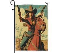 Drapeau de jardin cowgirls à cheval à cheval, bannière de décoration extérieure rouge occidentale, double face, décoration de pelouse d'automne, panneau de maison sur le thème des cow-boy, 30,5 x 45,7