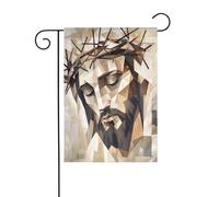 Drapeau de jardin cubiste Jésus avec couronne d'épines 12 x 18 vertical double face décorations extérieures de vacances de ferme