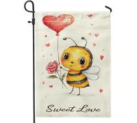 Drapeau de jardin d'abeilles, fantaisie avec cœur mignon rose, Saint-Valentin, toile de jute jaune double face, petit drapeau de jardin pour extérieur, terrasse, pelouse, porche, entrée, camping 30,5
