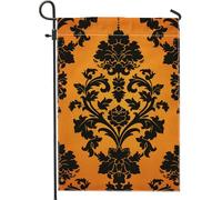 Drapeau de jardin damassé vintage, noir et orange, décoration de cour d'automne et d'hiver, bannière en tissu double face, décoration saisonnière extérieure, 30,5 x 45,7 cm