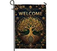 Drapeau de jardin d'arbre - Feuilles de bienvenue - Racines - Doré - Double face - Pour extérieur, terrasse, pelouse, porche, entrée, camping - 30,5 x 45,7 cm