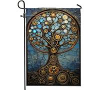 Drapeau de jardin d'arbre steampunk, engrenages bleus et rouages, bannière de décoration d'intérieur, drapeau saisonnier double face pour décoration de pelouse extérieure, 30,5 x 45,7 cm