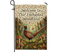 Drapeau de jardin d'automne avec citation de faisan enchanté 30,5 x 45,7 cm | Thème de la forêt, drapeau de pelouse, décoration naturelle rustique, motifs champignons et fougères