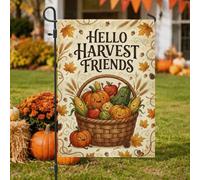 Drapeau de jardin d'automne avec citation Hello Harvest Friends 30,5 x 45,7 | Décoration de jardin d'automne, drapeau de cour, thème récolte, personnages de légumes souriants, accents saisonniers de