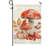 Drapeau de jardin d'automne, champignons rouges, feuilles de citrouille, décoration de pelouse, décoration de pelouse de style forêt, bannière extérieure double face pour la saison des récoltes de