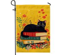Drapeau de jardin d'automne, chat jaune sur des livres, drapeaux de décoration florale, drapeau double face en toile de jute pour décoration de pelouse extérieure automne, 30,5 x 45,7 cm