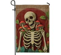 Drapeau de jardin d'automne d'Halloween, champignons squelettes rouges, bannière de décoration d'intérieur, toile de jute double face, décoration de pelouse, drapeau de cour saisonnier festif 30,5 x