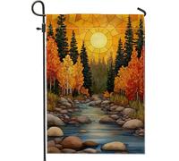 Drapeau de jardin d'automne et de rivière au coucher du soleil - Bannière de décoration d'intérieur panoramique - Bannière double face en toile de jute - Décoration de pelouse d'extérieur - 30,5 x