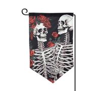 Drapeau de jardin de 30,5 x 45,7 cm, bannière extérieure double face, drapeau de bienvenue saisonnière, décoration extérieure, ferme, rose et squelette pour terrasse, pelouse et décoration de jardin