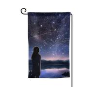 Drapeau de jardin de 30,5 x 45,7 cm, bannière extérieure double face, drapeau de bienvenue saisonnière, décoration extérieure, fille regardant les étoiles, drapeaux pour terrasse, pelouse et