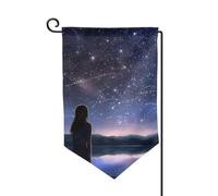 Drapeau de jardin de 30,5 x 45,7 cm, bannière extérieure double face, drapeau de bienvenue saisonnière, décoration extérieure, fille regardant les étoiles, drapeaux pour terrasse, pelouse et