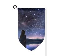 Drapeau de jardin de 30,5 x 45,7 cm, bannière extérieure double face, drapeau de bienvenue saisonnière, décoration extérieure, fille regardant les étoiles, drapeaux pour terrasse, pelouse et