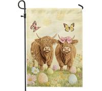 Drapeau de jardin de bétail des Highlands du printemps de Pâques, marron, jolie vache et papillons, décoration d'extérieur, drapeau double face en toile de jute pour décoration de vacances, 30,5 x