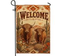 Drapeau de jardin de bétail des Highlands, paysage rustique occidental du désert de cactus de bienvenue marron double face en toile de jute décorative pour extérieur, pelouse, porche, terrasse, entrée