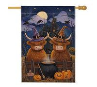 Drapeau de jardin de bétail des Highlands pour Halloween, décoration de sorcière de vaches violettes et marron, bannière extérieure en toile de jute double face, décoration de pelouse de fête