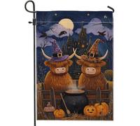 Drapeau de jardin de bétail des Highlands pour Halloween, décoration de sorcière de vaches violettes et marron, bannière extérieure double face, décoration de pelouse de fête d'automne, 30,5 x 45,7 cm