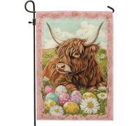Drapeau de jardin de bétail des Highlands, vache marron, œufs de Pâques, décoration florale pour la maison, la cour, décoration extérieure rustique double face pour fête de vacances, pelouse, 30,5 x