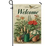 Drapeau de jardin de bienvenue, arrosoir floral vintage, décoration extérieure, bannière double face en toile de jute pour décoration de la maison printemps été 30,5 x 45,7 cm