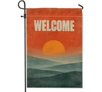 Drapeau de jardin de bienvenue au coucher du soleil et de la montagne, paysage orange chaud, bannière de cour, bannière double face en toile de jute pour décoration de pelouse pour toutes les saisons