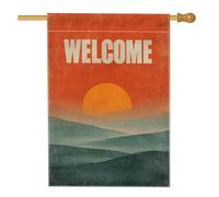Drapeau de jardin de bienvenue au coucher du soleil et de la montagne, paysage orange chaud, bannière de cour, bannière double face en toile de jute pour décoration de pelouse pour toutes les saisons