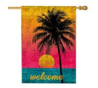 Drapeau de jardin de bienvenue au coucher du soleil tropical, bannière de décoration de plage avec palmier lumineux, drapeau double face en toile de jute pour décoration de pelouse en été extérieur