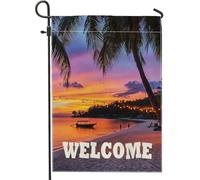 Drapeau de jardin de bienvenue au coucher du soleil tropical, paysage de plage coloré, décoration extérieure, drapeau double face en toile de jute pour fêtes d'été, 30,5 x 45,7 cm