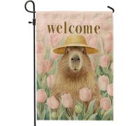 Drapeau de jardin de bienvenue au printemps, bannière extérieure florale pastel, tulipes capybara, panneau double face en toile de jute, décoration de cour d'été, 30,5 x 45,7 cm