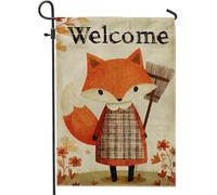 Drapeau de jardin de bienvenue Autumn Fox - Joli renard orange avec balai - Bannière de décoration d'intérieur - Drapeau double face en toile de jute - Décoration de pelouse extérieure d'automne