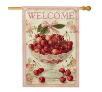 Drapeau de jardin de bienvenue aux cerises du printemps et de l'été, bannière florale de fruits rouges, bannière double face en toile de jute, décoration de pelouse extérieure, 71,1 x 101,6 cm
