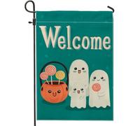 Drapeau de jardin de bienvenue avec jolis fantômes bleu sarcelle, décoration extérieure d'Halloween, bannière de cour double face, décoration de pelouse de fête de vacances, 30,5 x 45,7 cm