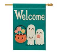Drapeau de jardin de bienvenue avec jolis fantômes bleu sarcelle, décoration extérieure d'Halloween, bannière de cour double face, décoration de pelouse de fête de vacances, 71 x 101,6 cm